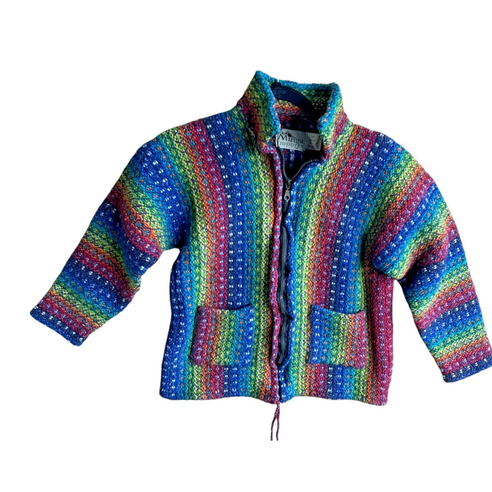 Minga Imports Girls L Handwoven Boho Hippie RAINBOW Wool Cardigan Sweater Jacket